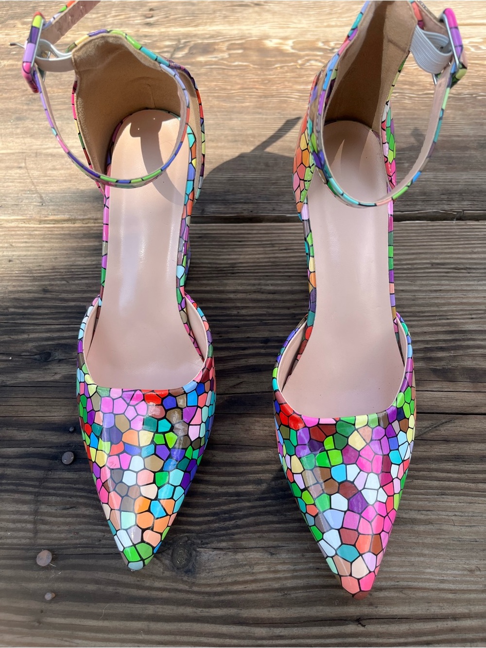 Multicolor Mosaic Ankle-Strap Pointed-Toe Heels